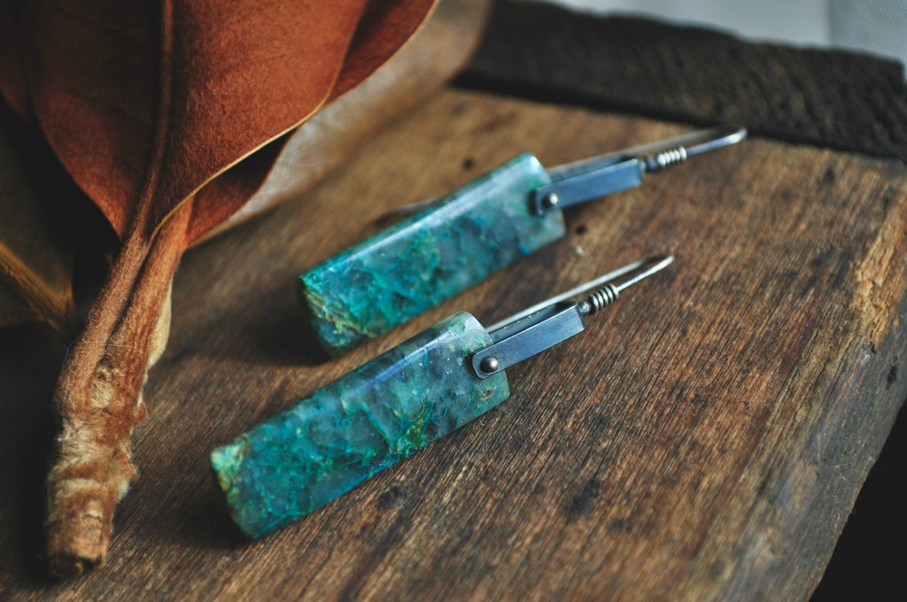 Hinge Earrings. Chrysocolla - cameraSHY cove